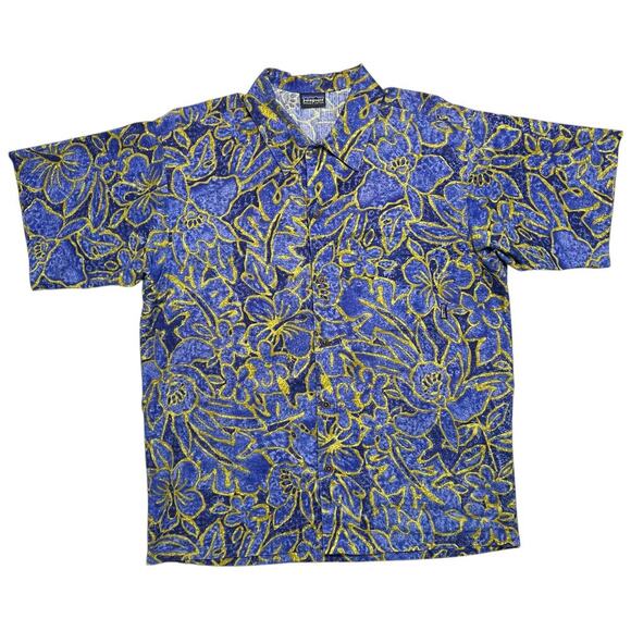 Vintage 90s Patagonia Organic Cotton Blue / Yellow Floral Hawaiian Button Up - M